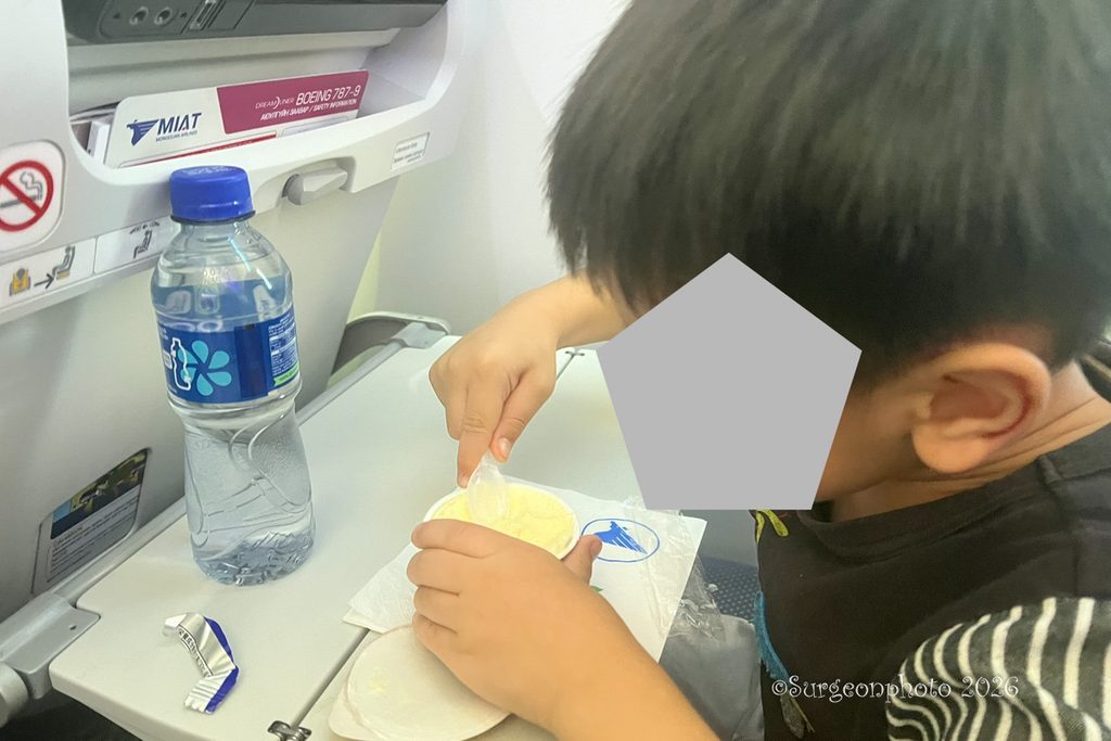MIATモンゴル航空 機内食 アイスを食べているところ