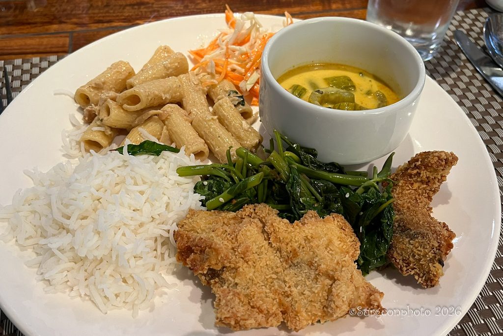 ご飯、ココナッツ風味のカレー、パスタ、青菜、揚げ物を盛ったランチ