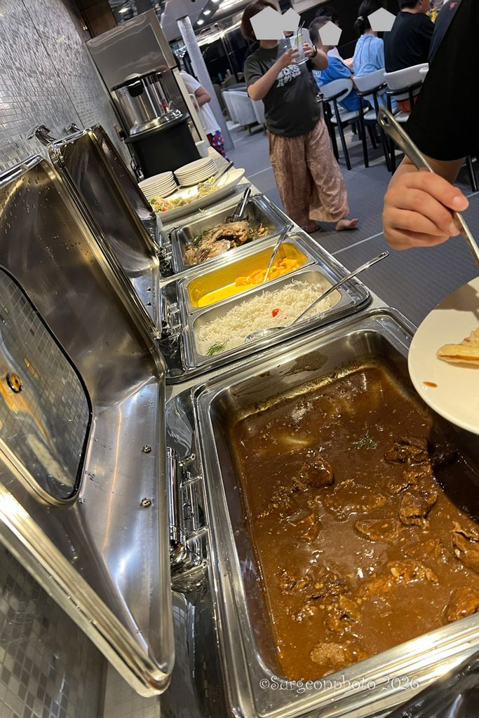 ORTUS号の夕食ビュッフェに並ぶビーフ煮込み、カレー、ご飯、魚料理